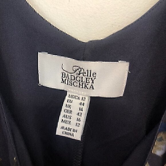 BELLE BADGLEY MISCHKA Navy Blue Green Rose Floral Long Flare Sleeve Shift Dress - Picture 4 of 12